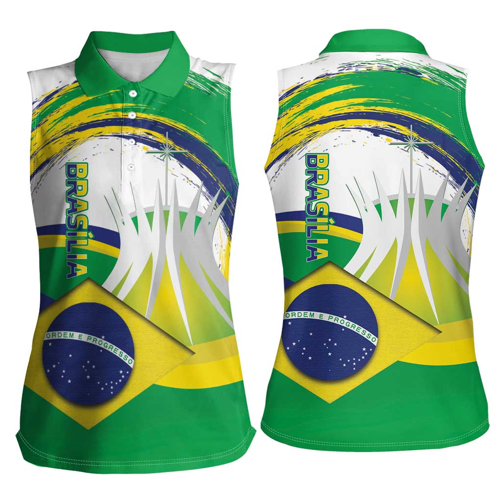 Brasilia Capital Women Sleeveless Polo Shirt Brazil Flag Metropolitan Cathedral - Wonder Print Shop