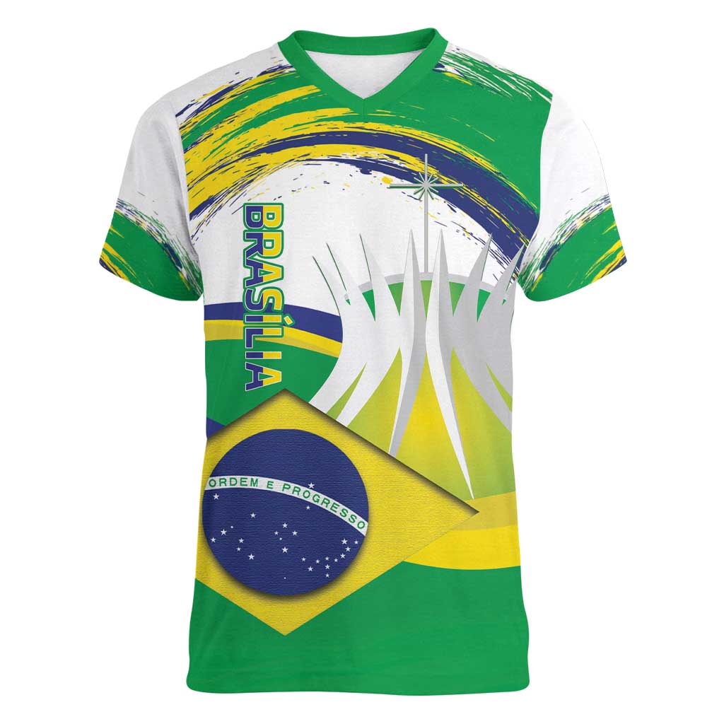 Brasilia Capital Women V-Neck T-Shirt Brazil Flag Metropolitan Cathedral - Wonder Print Shop