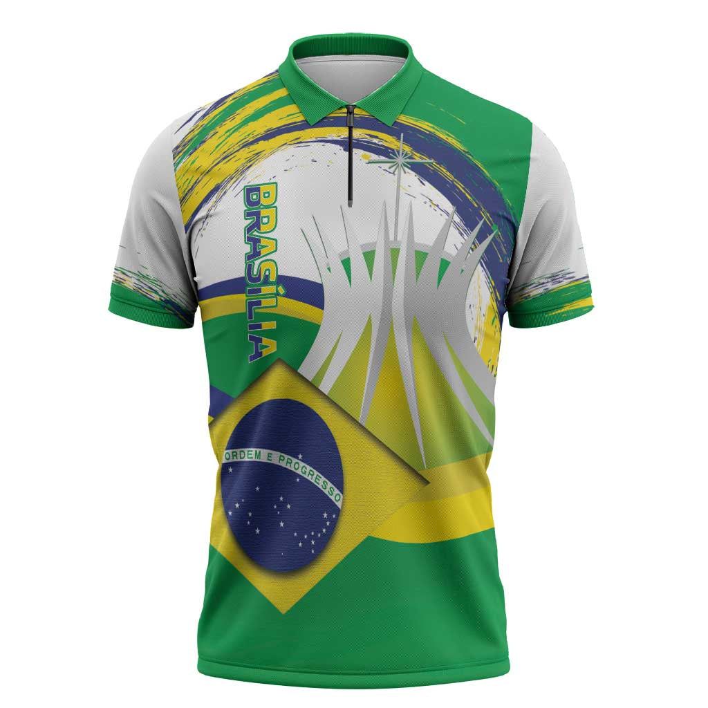 Brasilia Capital Zipper Polo Shirt Brazil Flag Metropolitan Cathedral - Wonder Print Shop