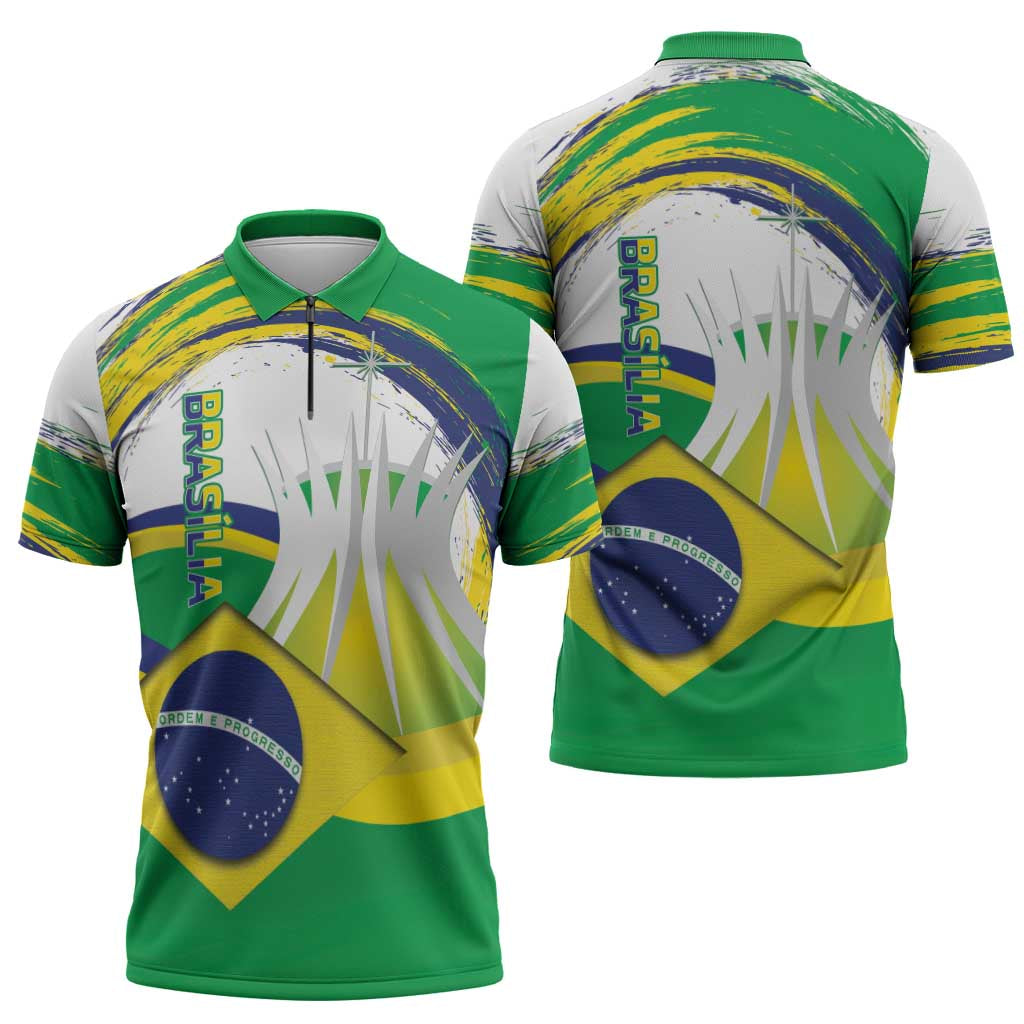 Brasilia Capital Zipper Polo Shirt Brazil Flag Metropolitan Cathedral - Wonder Print Shop