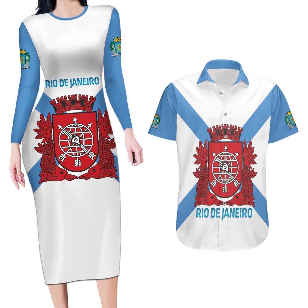 Rio de Janeiro Brazil Couples Matching Long Sleeve Bodycon Dress and Hawaiian Shirt Flag Style - Wonder Print Shop
