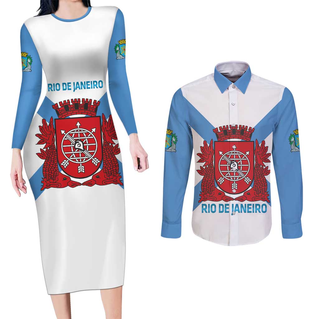 Rio de Janeiro Brazil Couples Matching Long Sleeve Bodycon Dress and Long Sleeve Button Shirt Flag Style - Wonder Print Shop