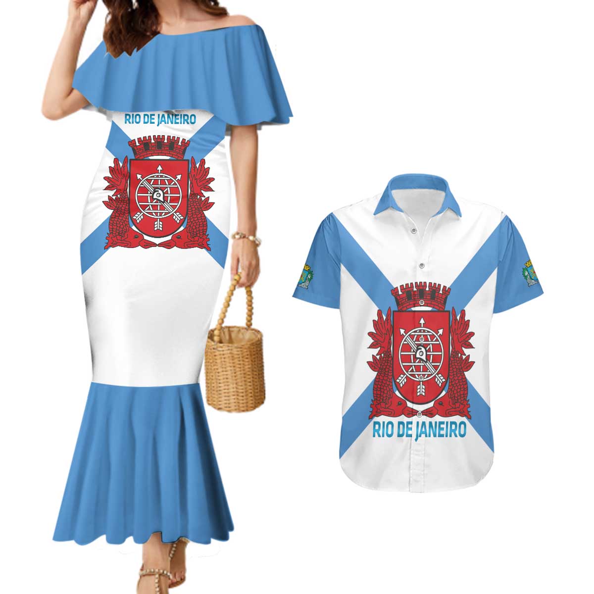 Rio de Janeiro Brazil Couples Matching Mermaid Dress and Hawaiian Shirt Flag Style - Wonder Print Shop