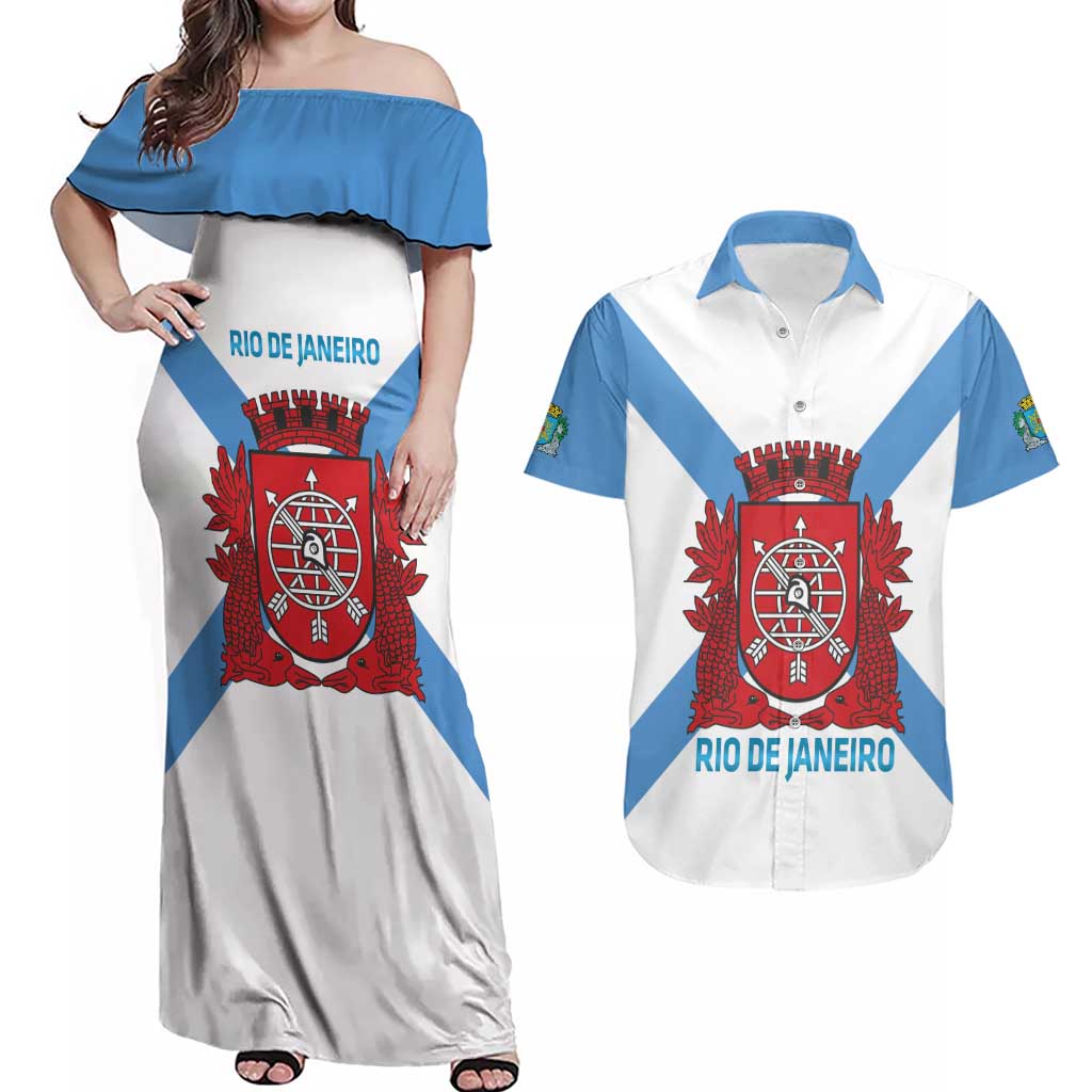 Rio de Janeiro Brazil Couples Matching Off Shoulder Maxi Dress and Hawaiian Shirt Flag Style - Wonder Print Shop