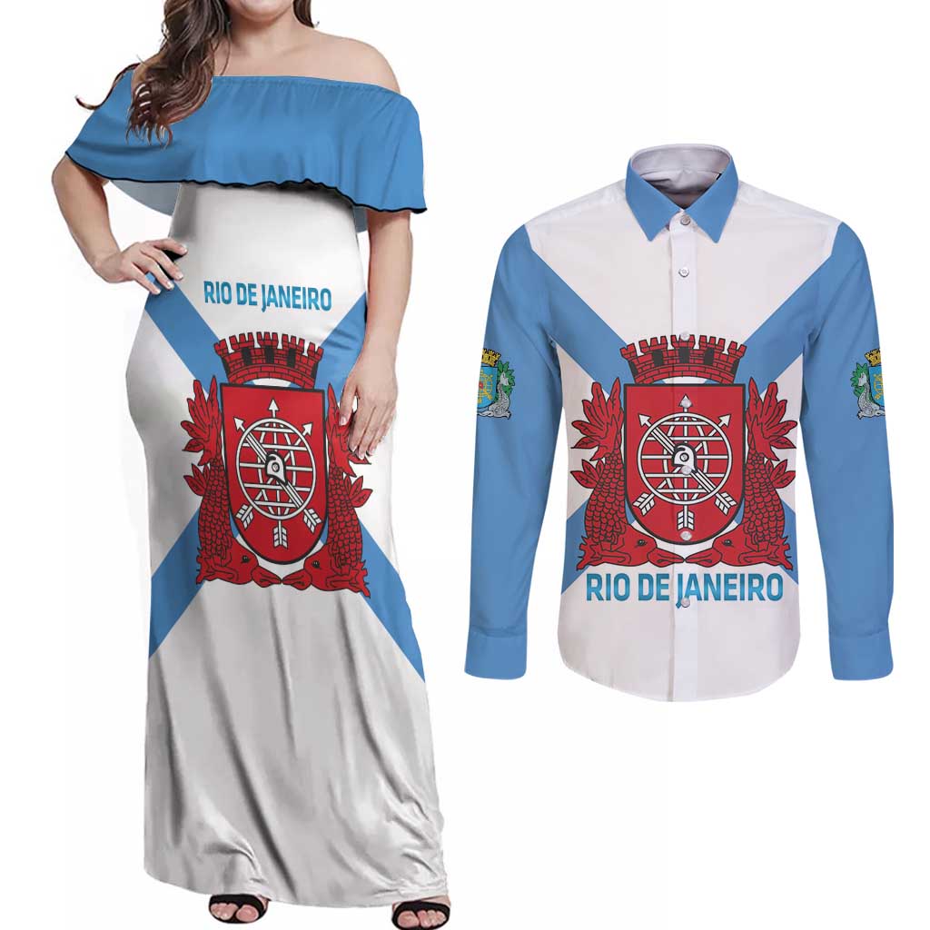 Rio de Janeiro Brazil Couples Matching Off Shoulder Maxi Dress and Long Sleeve Button Shirt Flag Style - Wonder Print Shop