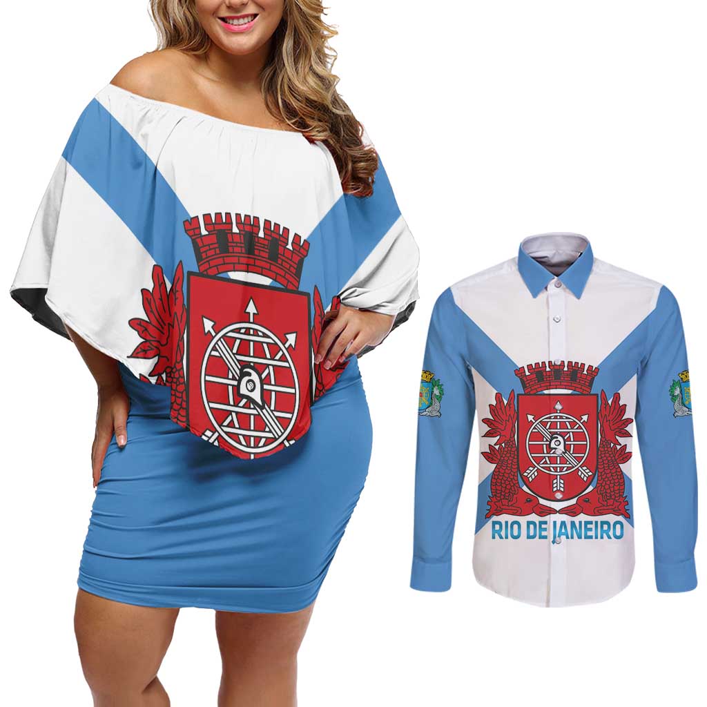 Rio de Janeiro Brazil Couples Matching Off Shoulder Short Dress and Long Sleeve Button Shirt Flag Style - Wonder Print Shop