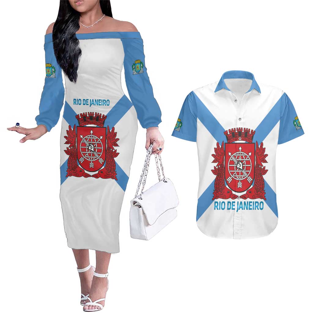 Rio de Janeiro Brazil Couples Matching Off The Shoulder Long Sleeve Dress and Hawaiian Shirt Flag Style - Wonder Print Shop