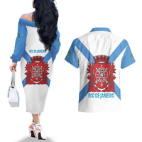 Rio de Janeiro Brazil Couples Matching Off The Shoulder Long Sleeve Dress and Hawaiian Shirt Flag Style - Wonder Print Shop