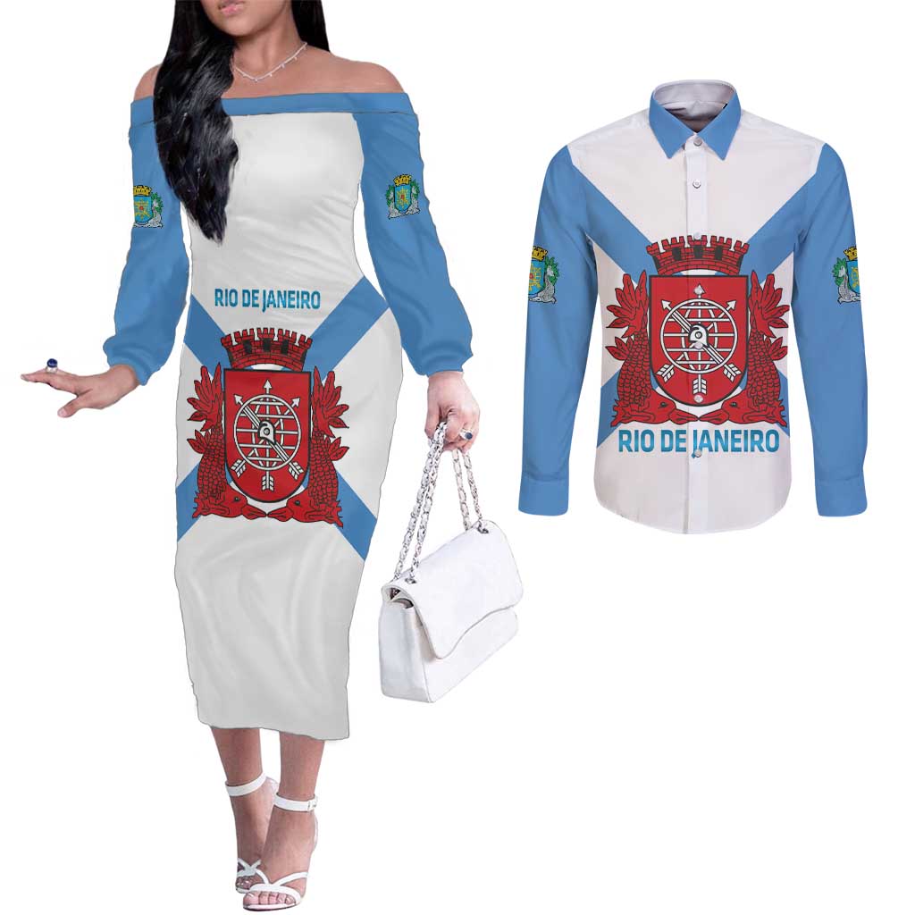 Rio de Janeiro Brazil Couples Matching Off The Shoulder Long Sleeve Dress and Long Sleeve Button Shirt Flag Style - Wonder Print Shop