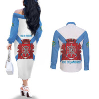 Rio de Janeiro Brazil Couples Matching Off The Shoulder Long Sleeve Dress and Long Sleeve Button Shirt Flag Style - Wonder Print Shop