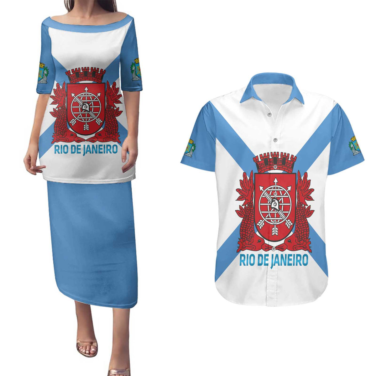 Rio de Janeiro Brazil Couples Matching Puletasi and Hawaiian Shirt Flag Style - Wonder Print Shop
