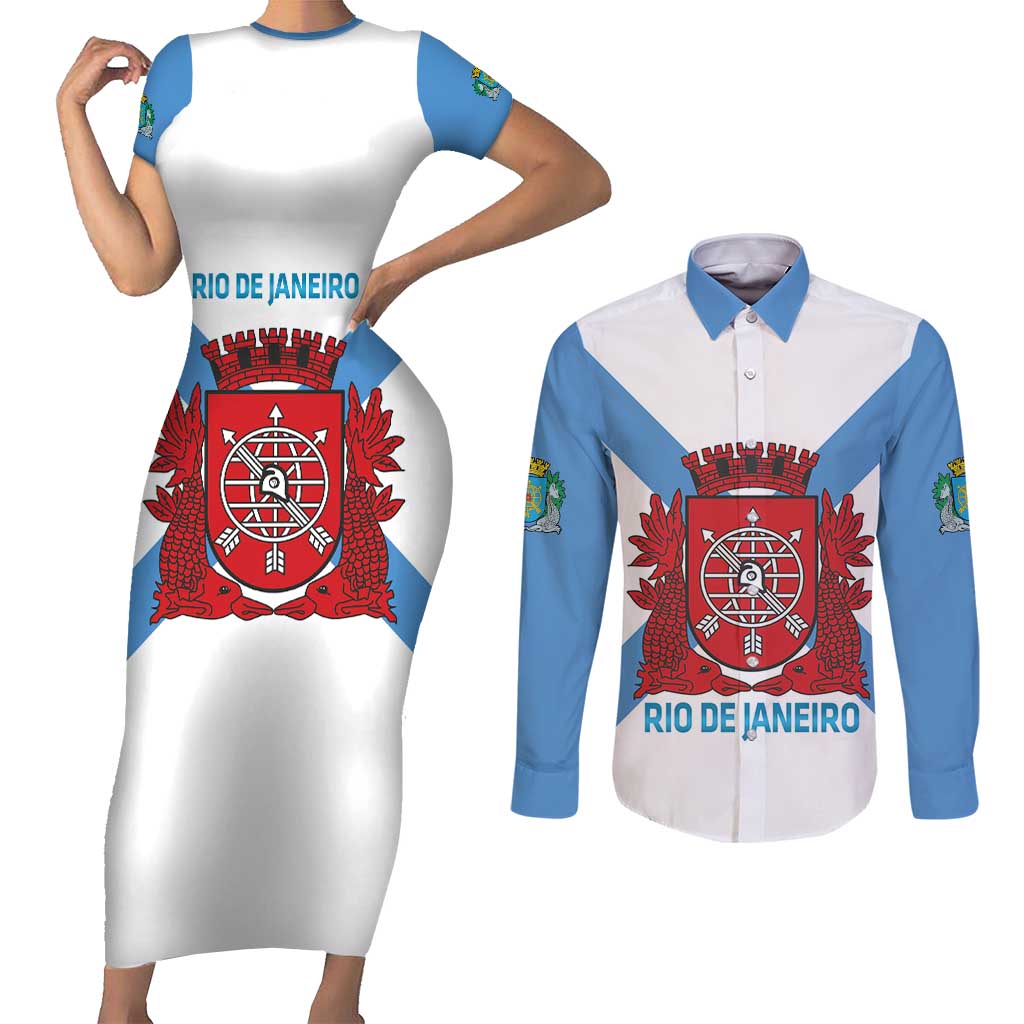 Rio de Janeiro Brazil Couples Matching Short Sleeve Bodycon Dress and Long Sleeve Button Shirt Flag Style - Wonder Print Shop