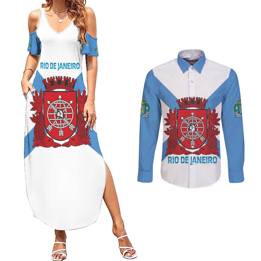 Rio de Janeiro Brazil Couples Matching Summer Maxi Dress and Long Sleeve Button Shirt Flag Style - Wonder Print Shop