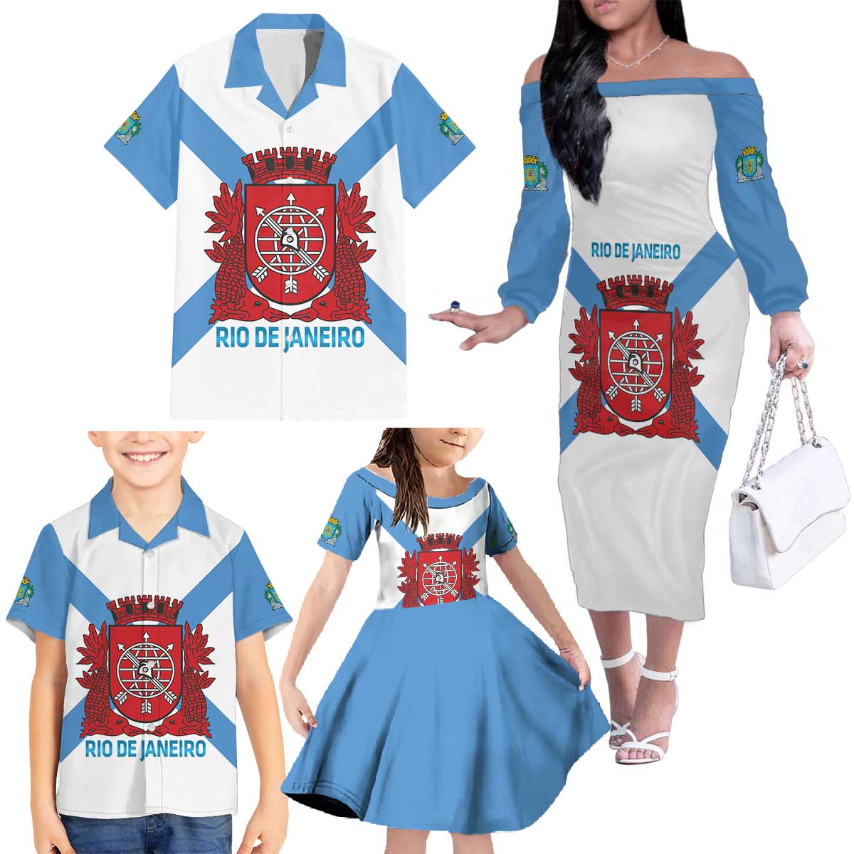 Rio de Janeiro Brazil Family Matching Off The Shoulder Long Sleeve Dress and Hawaiian Shirt Flag Style - Wonder Print Shop