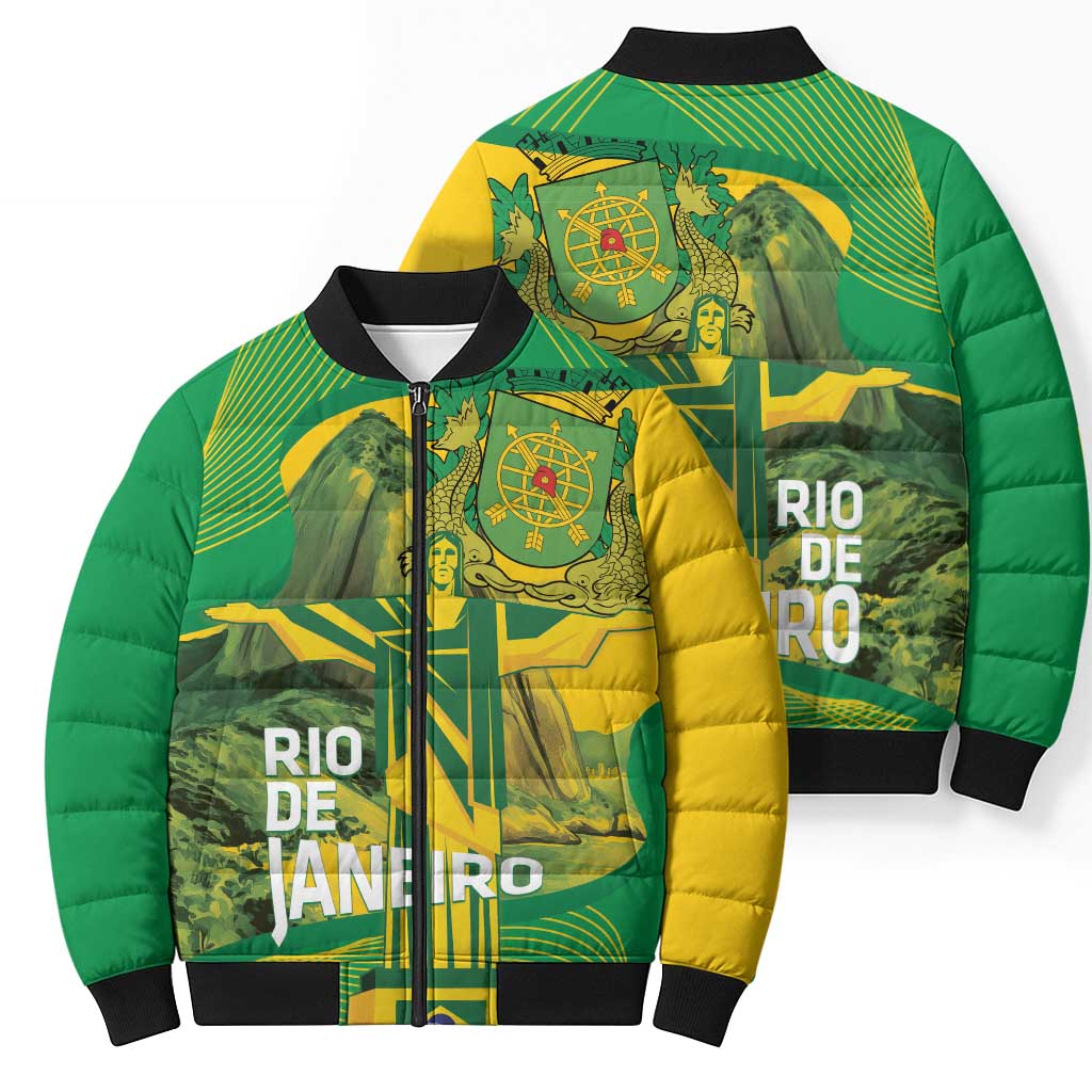 Rio de Janeiro Brazil Bomber Puffer Jacket Christ the Redeemer Mix Sugarloaf Mountain - Wonder Print Shop