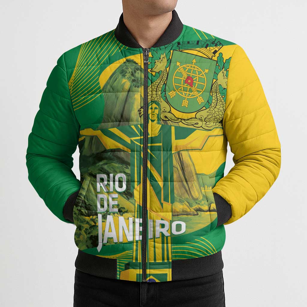 Rio de Janeiro Brazil Bomber Puffer Jacket Christ the Redeemer Mix Sugarloaf Mountain - Wonder Print Shop