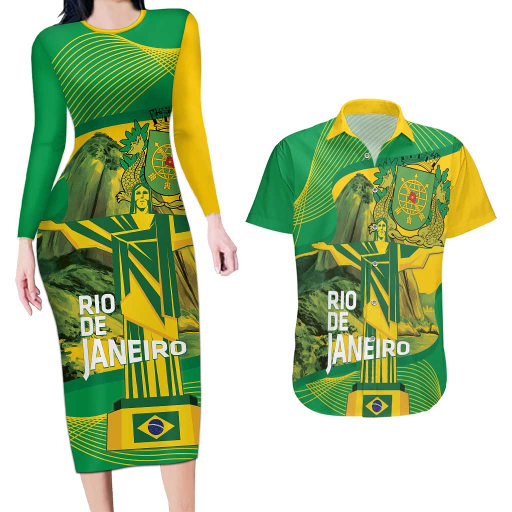 Rio de Janeiro Brazil Couples Matching Long Sleeve Bodycon Dress and Hawaiian Shirt Christ the Redeemer Mix Sugarloaf Mountain - Wonder Print Shop