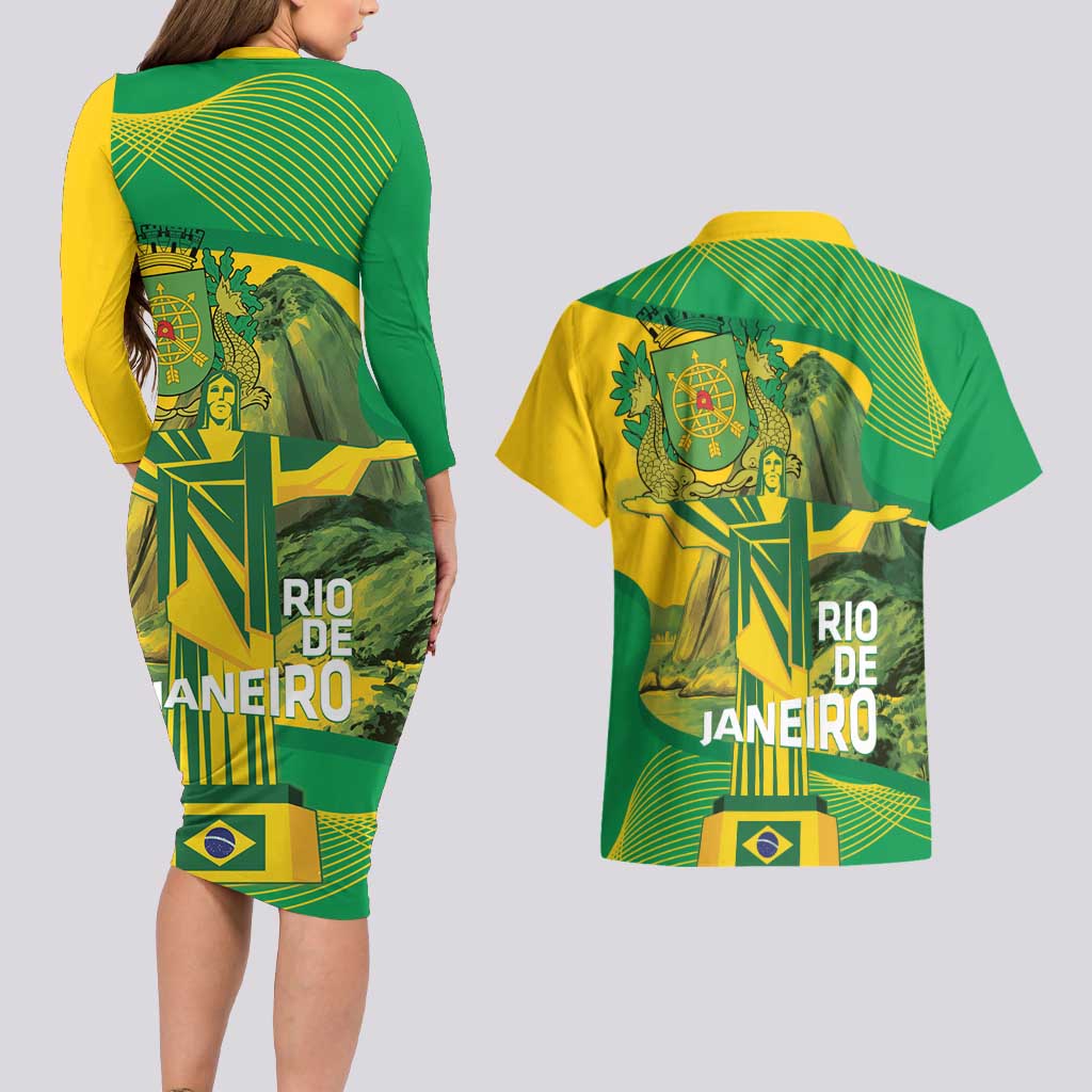Rio de Janeiro Brazil Couples Matching Long Sleeve Bodycon Dress and Hawaiian Shirt Christ the Redeemer Mix Sugarloaf Mountain - Wonder Print Shop
