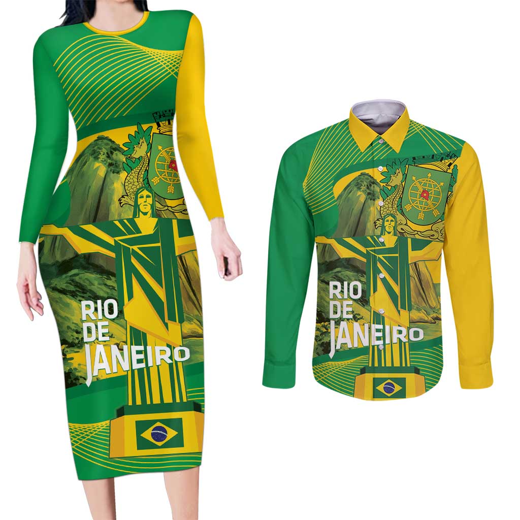 Rio de Janeiro Brazil Couples Matching Long Sleeve Bodycon Dress and Long Sleeve Button Shirt Christ the Redeemer Mix Sugarloaf Mountain - Wonder Print Shop