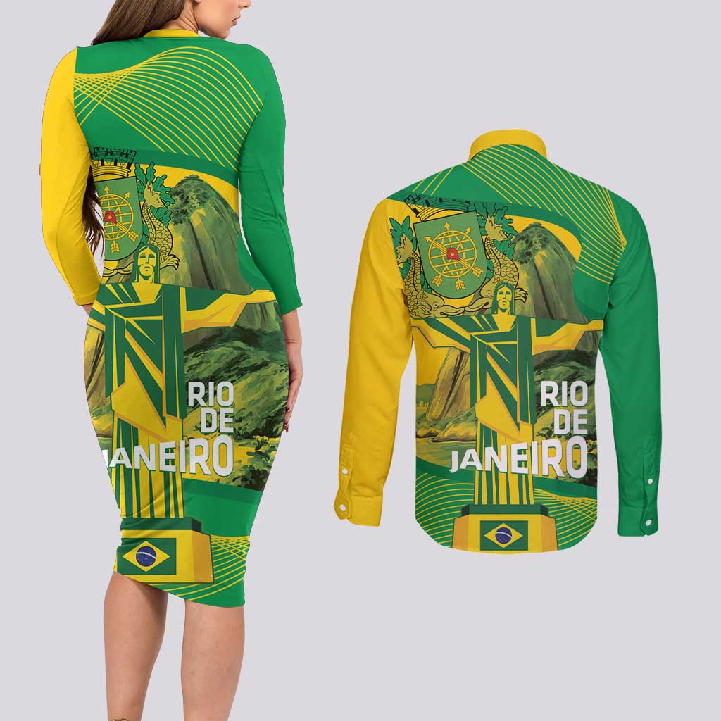 Rio de Janeiro Brazil Couples Matching Long Sleeve Bodycon Dress and Long Sleeve Button Shirt Christ the Redeemer Mix Sugarloaf Mountain - Wonder Print Shop