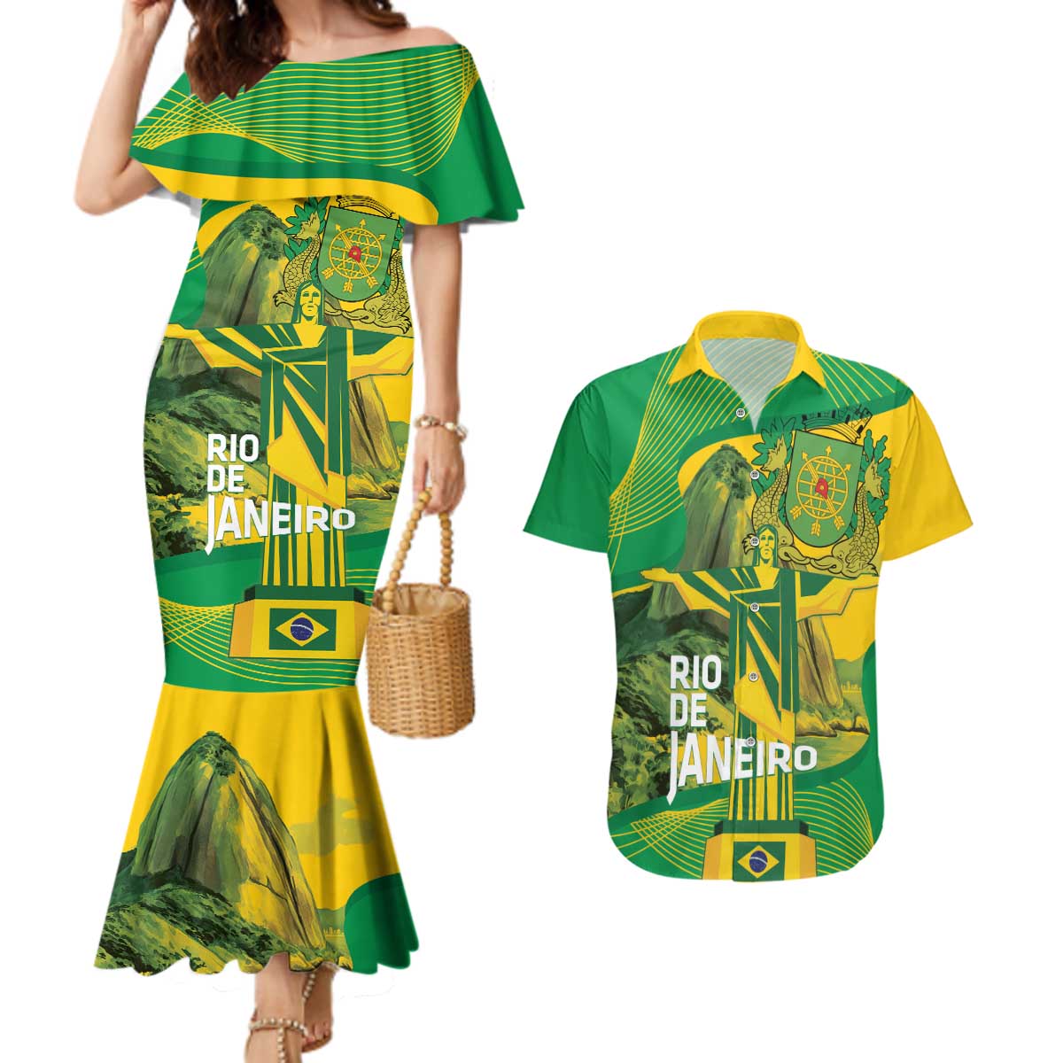 Rio de Janeiro Brazil Couples Matching Mermaid Dress and Hawaiian Shirt Christ the Redeemer Mix Sugarloaf Mountain - Wonder Print Shop