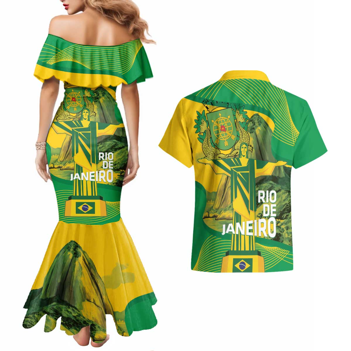Rio de Janeiro Brazil Couples Matching Mermaid Dress and Hawaiian Shirt Christ the Redeemer Mix Sugarloaf Mountain - Wonder Print Shop