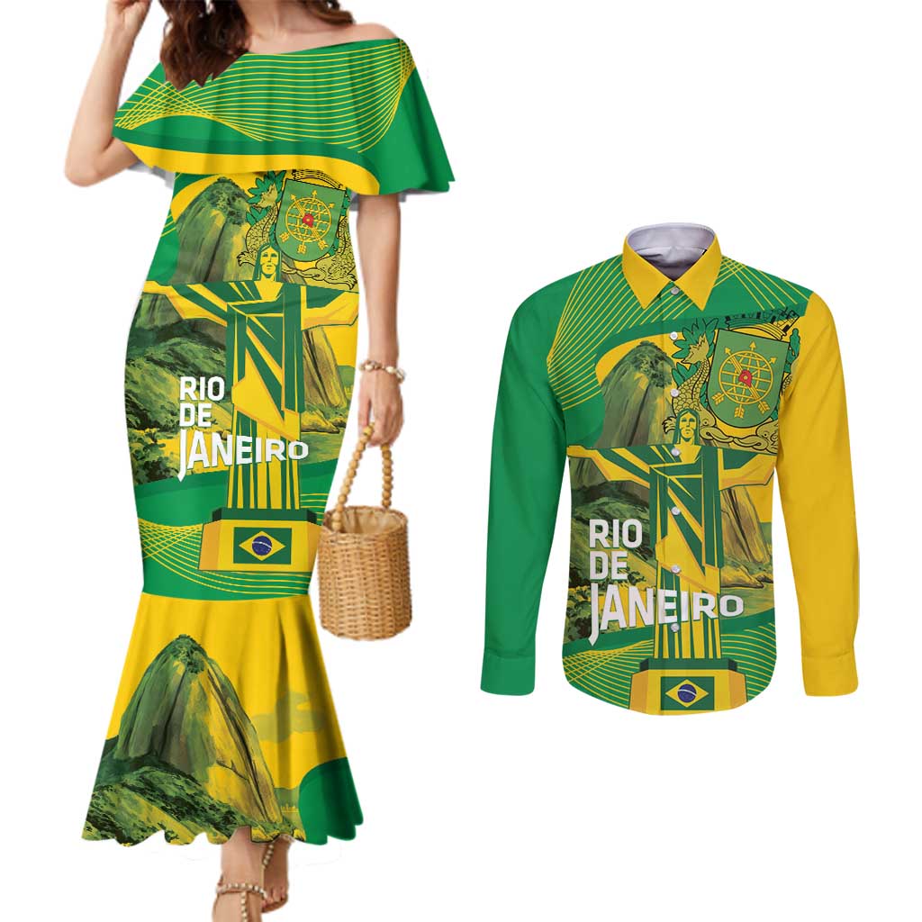 Rio de Janeiro Brazil Couples Matching Mermaid Dress and Long Sleeve Button Shirt Christ the Redeemer Mix Sugarloaf Mountain - Wonder Print Shop
