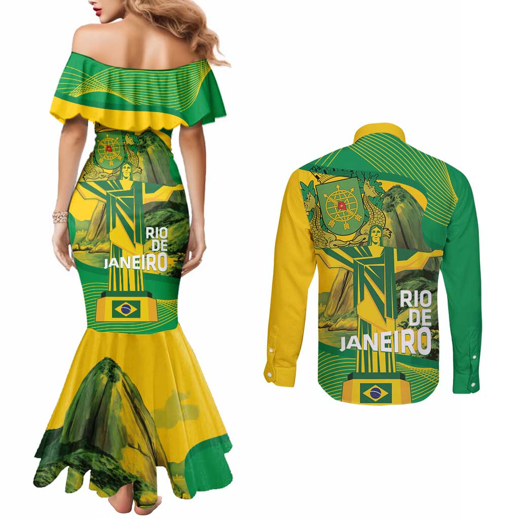 Rio de Janeiro Brazil Couples Matching Mermaid Dress and Long Sleeve Button Shirt Christ the Redeemer Mix Sugarloaf Mountain - Wonder Print Shop