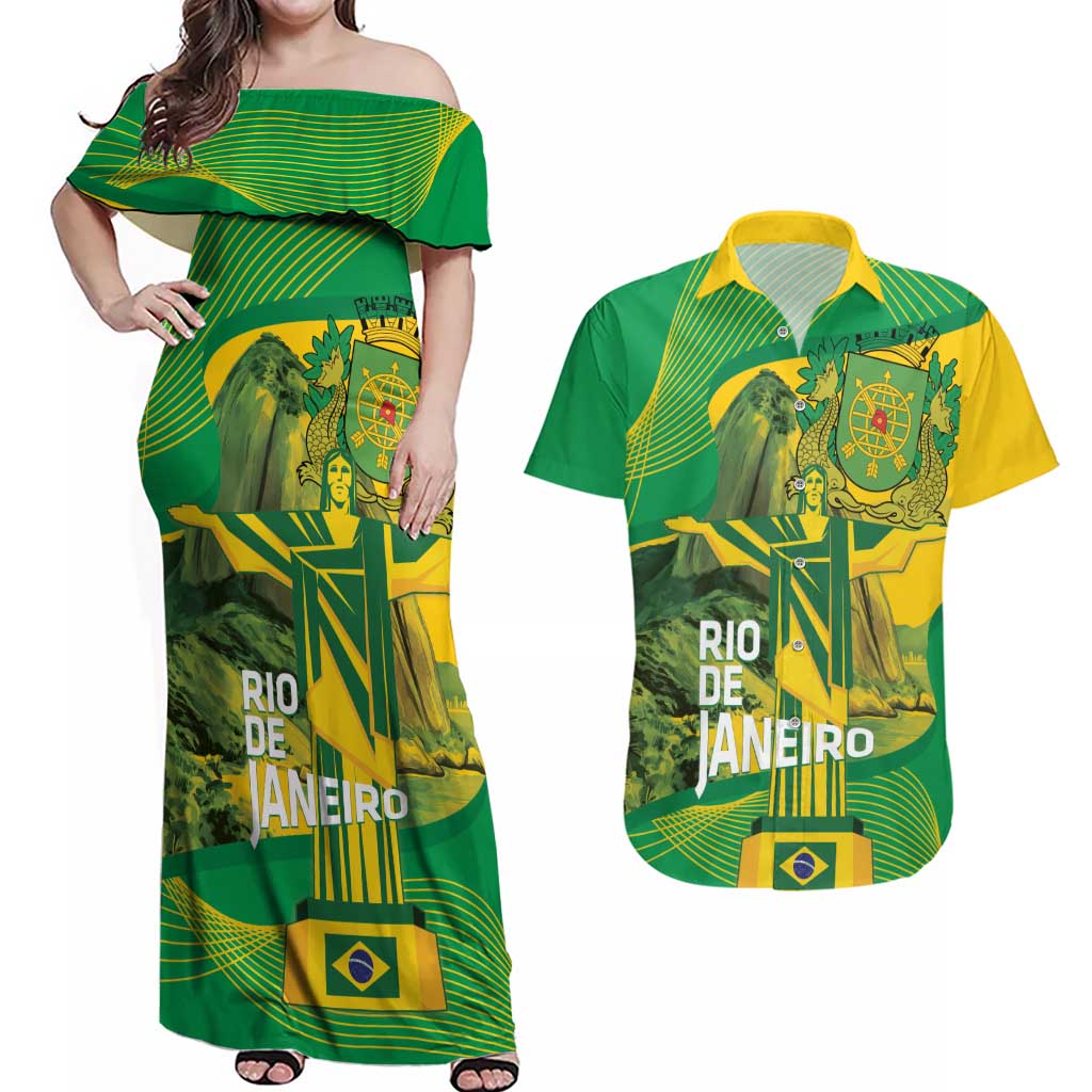 Rio de Janeiro Brazil Couples Matching Off Shoulder Maxi Dress and Hawaiian Shirt Christ the Redeemer Mix Sugarloaf Mountain - Wonder Print Shop