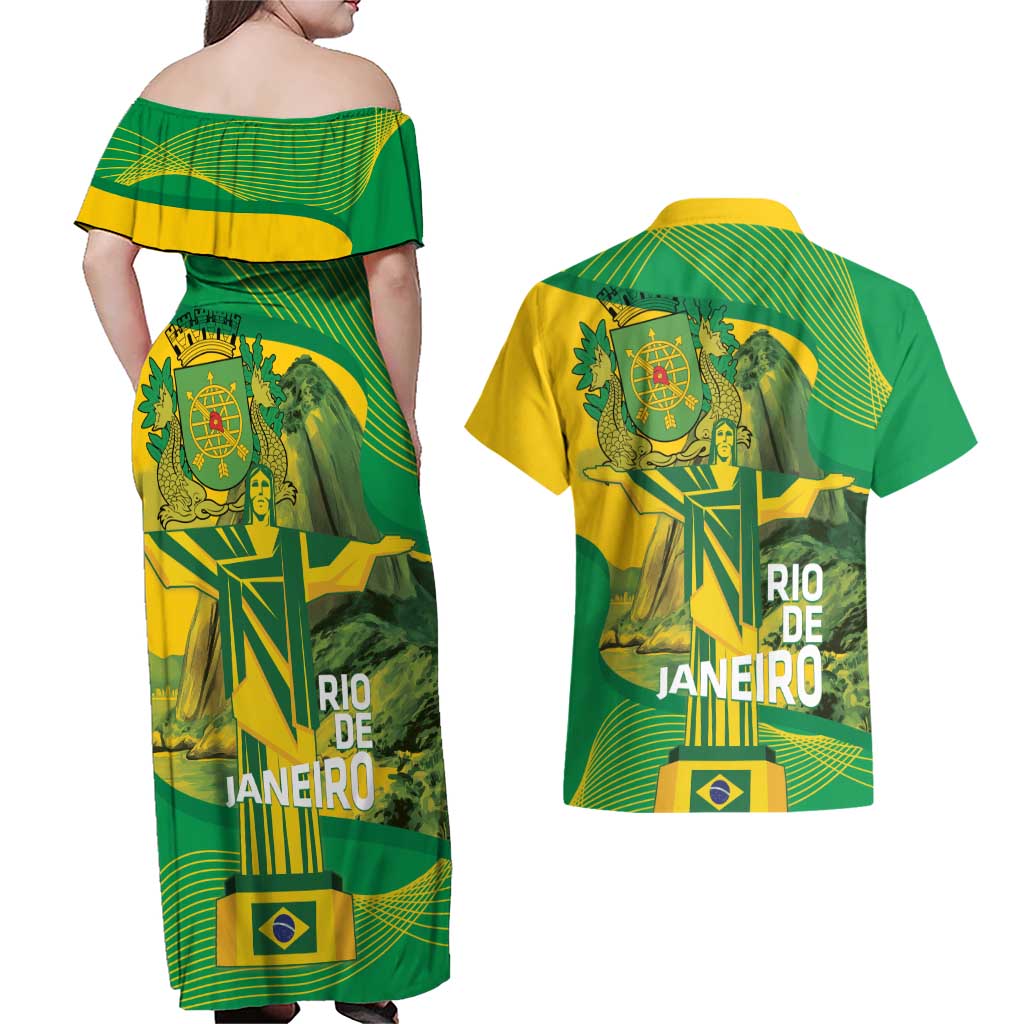 Rio de Janeiro Brazil Couples Matching Off Shoulder Maxi Dress and Hawaiian Shirt Christ the Redeemer Mix Sugarloaf Mountain - Wonder Print Shop