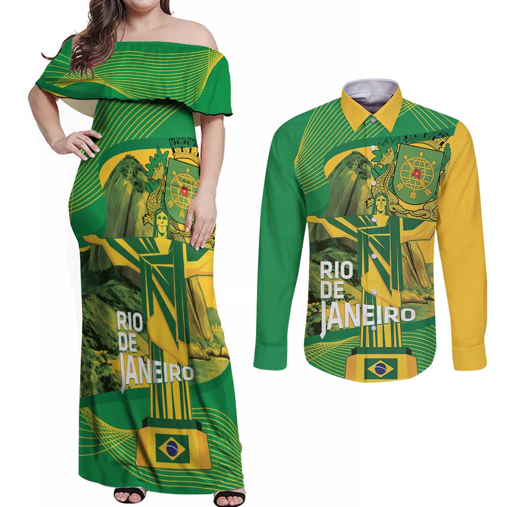 Rio de Janeiro Brazil Couples Matching Off Shoulder Maxi Dress and Long Sleeve Button Shirt Christ the Redeemer Mix Sugarloaf Mountain - Wonder Print Shop