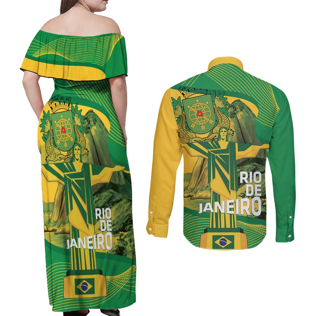 Rio de Janeiro Brazil Couples Matching Off Shoulder Maxi Dress and Long Sleeve Button Shirt Christ the Redeemer Mix Sugarloaf Mountain - Wonder Print Shop