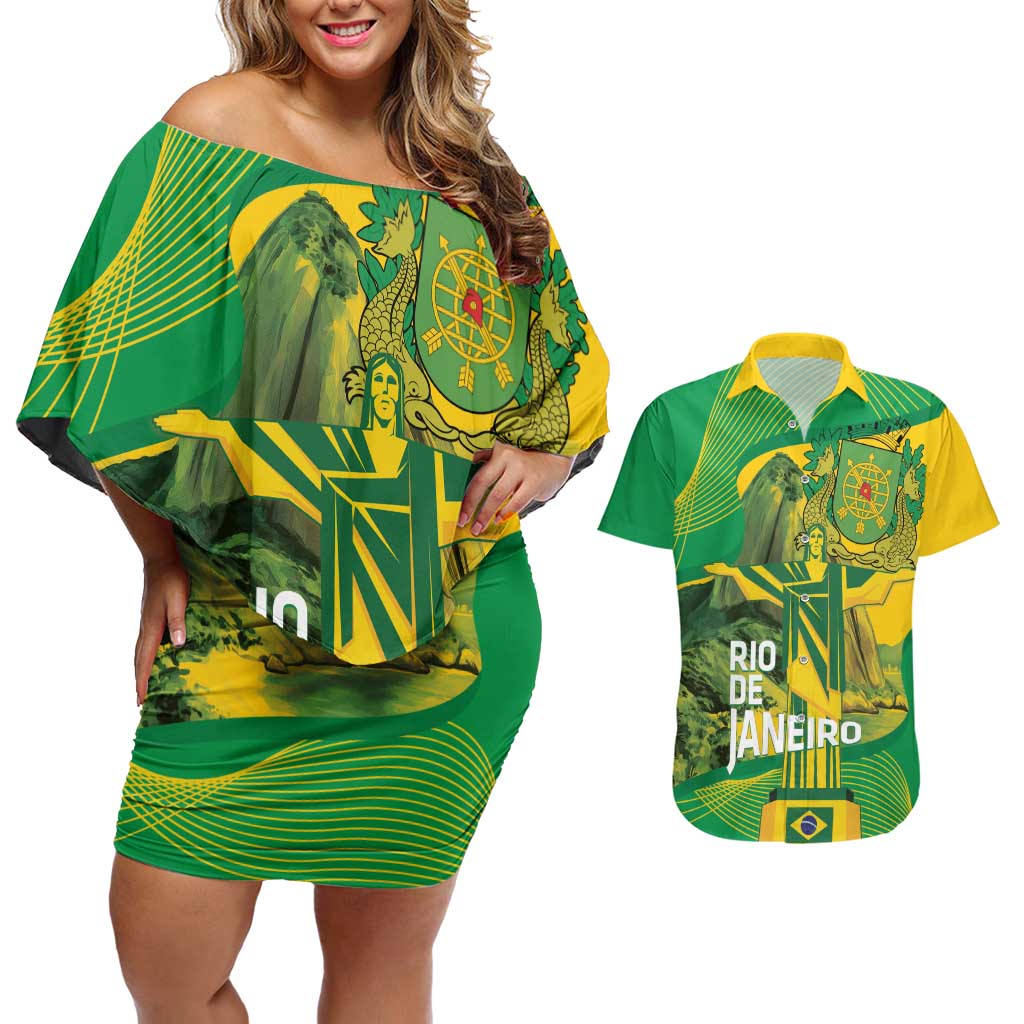 Rio de Janeiro Brazil Couples Matching Off Shoulder Short Dress and Hawaiian Shirt Christ the Redeemer Mix Sugarloaf Mountain - Wonder Print Shop