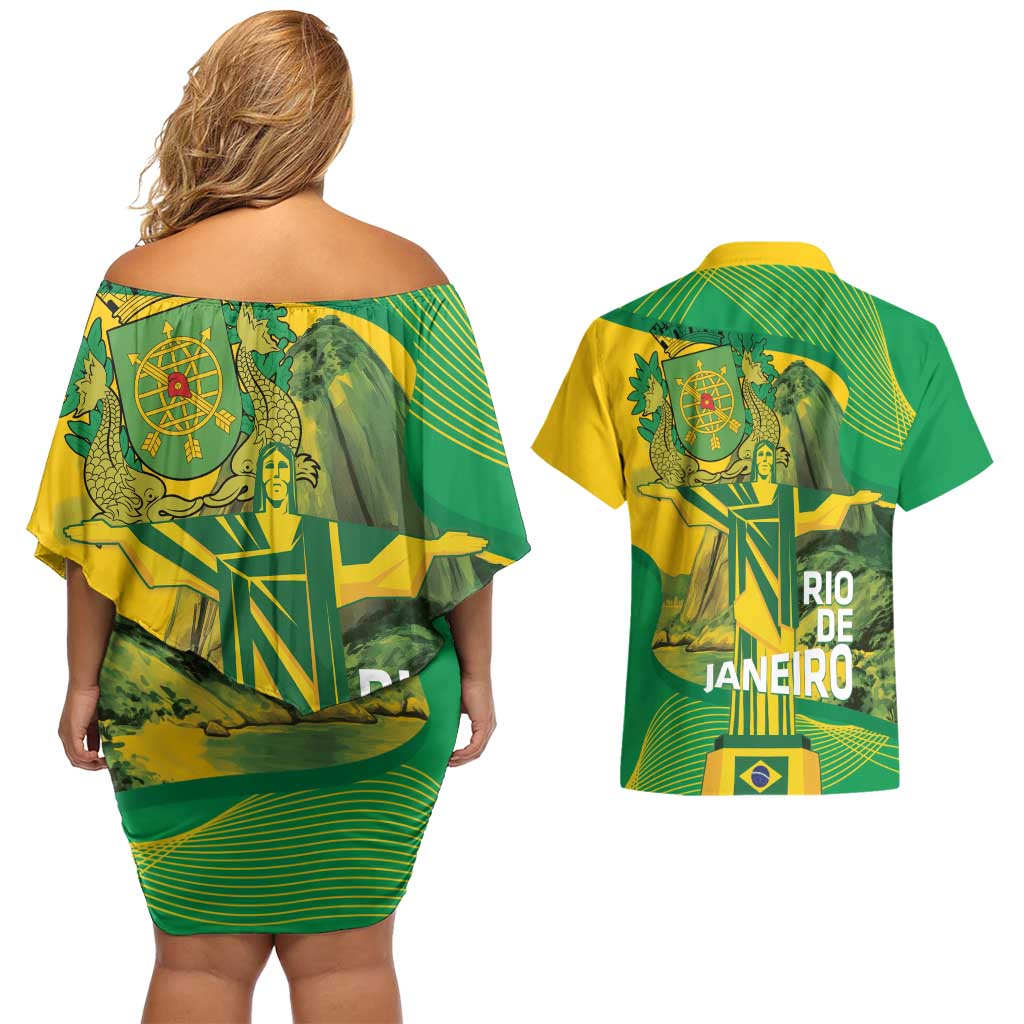 Rio de Janeiro Brazil Couples Matching Off Shoulder Short Dress and Hawaiian Shirt Christ the Redeemer Mix Sugarloaf Mountain - Wonder Print Shop