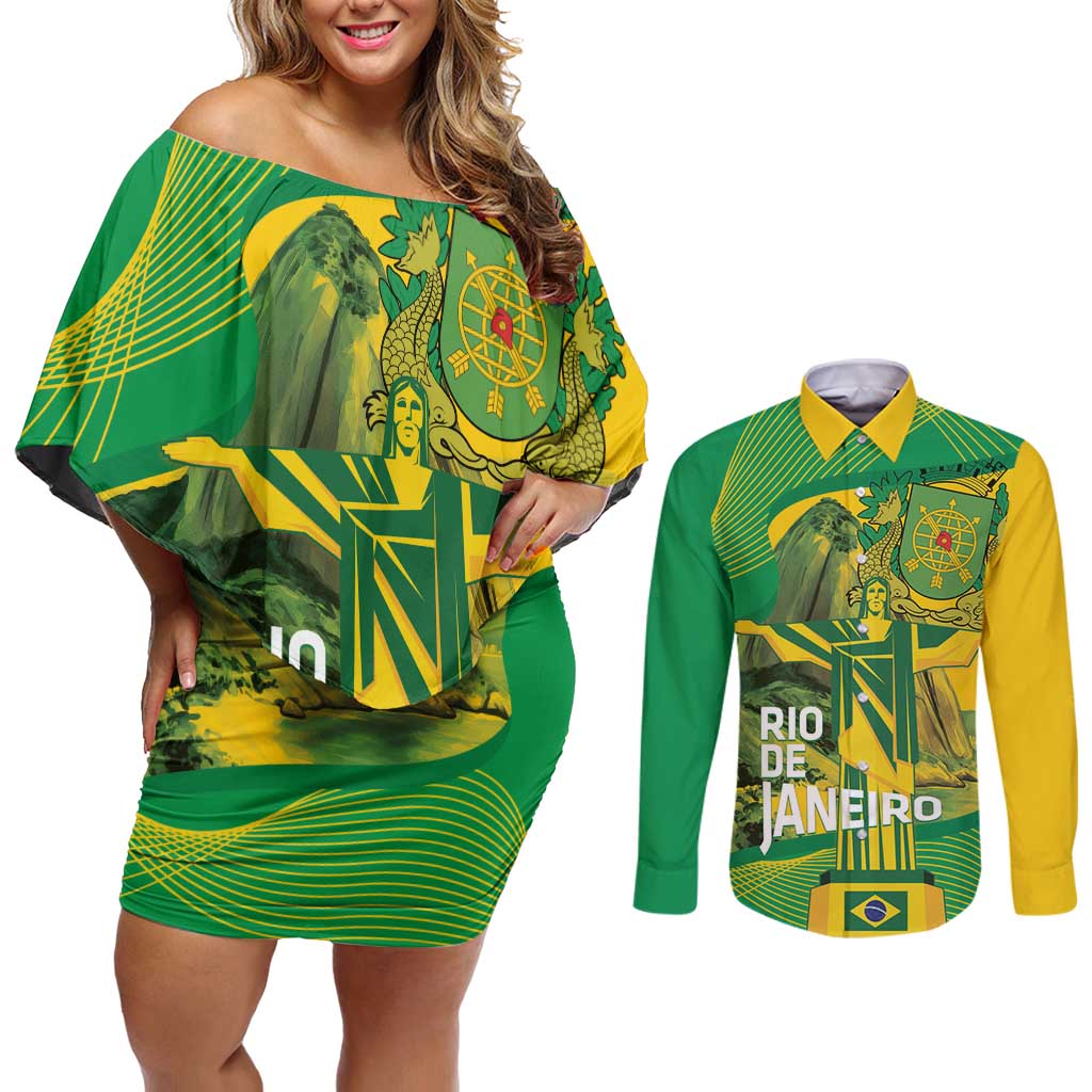 Rio de Janeiro Brazil Couples Matching Off Shoulder Short Dress and Long Sleeve Button Shirt Christ the Redeemer Mix Sugarloaf Mountain - Wonder Print Shop