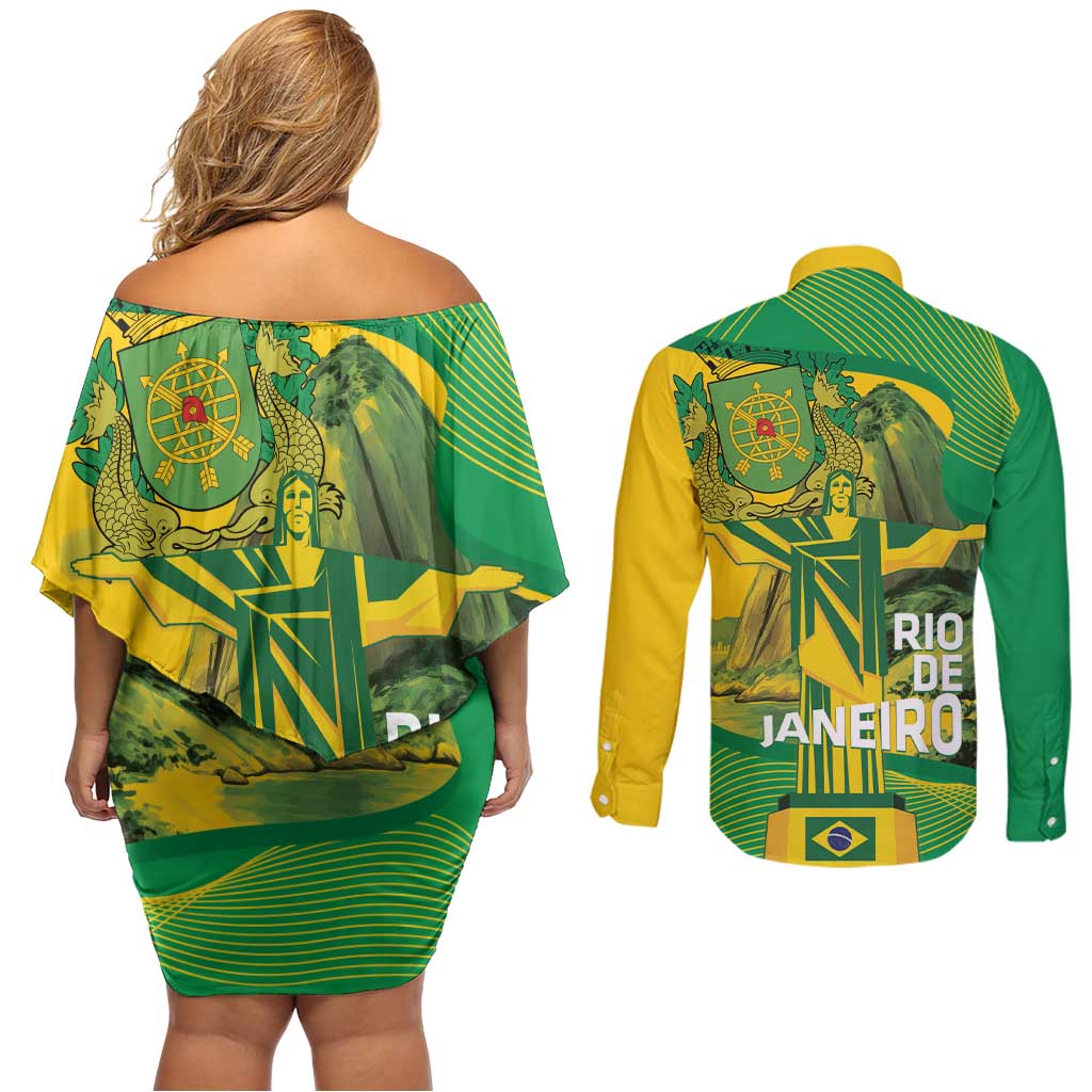 Rio de Janeiro Brazil Couples Matching Off Shoulder Short Dress and Long Sleeve Button Shirt Christ the Redeemer Mix Sugarloaf Mountain - Wonder Print Shop
