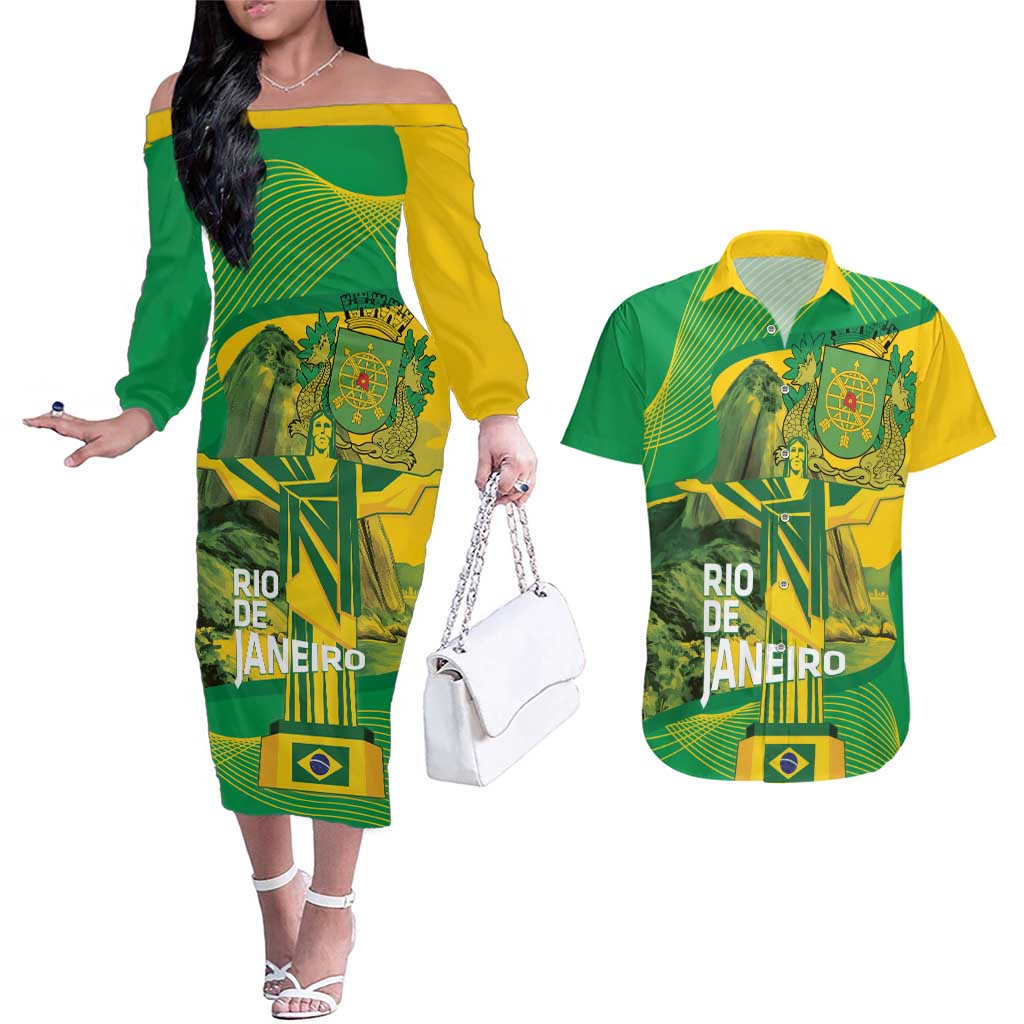 Rio de Janeiro Brazil Couples Matching Off The Shoulder Long Sleeve Dress and Hawaiian Shirt Christ the Redeemer Mix Sugarloaf Mountain - Wonder Print Shop
