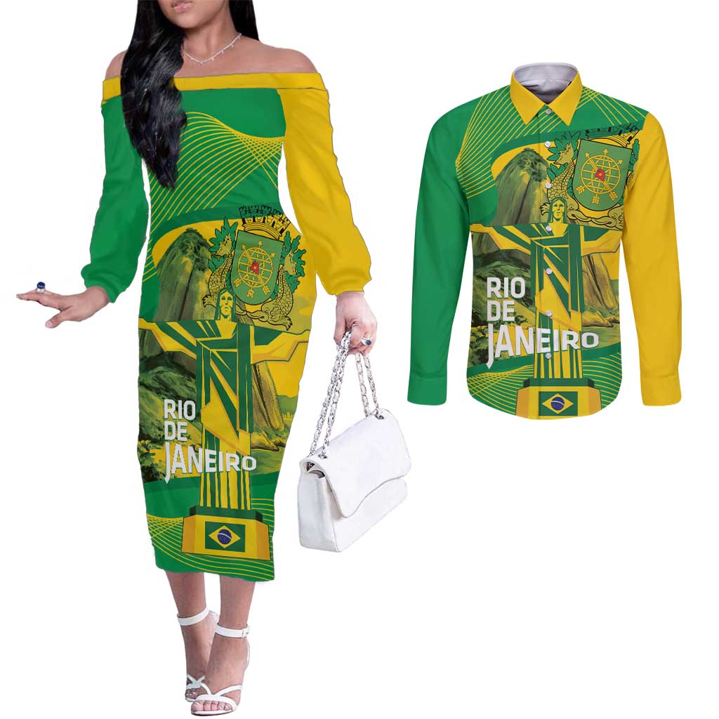 Rio de Janeiro Brazil Couples Matching Off The Shoulder Long Sleeve Dress and Long Sleeve Button Shirt Christ the Redeemer Mix Sugarloaf Mountain - Wonder Print Shop