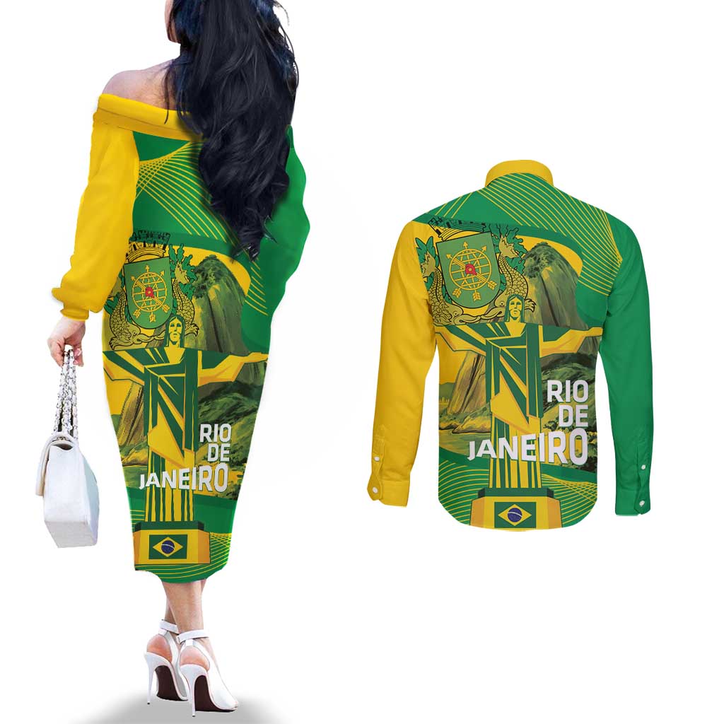 Rio de Janeiro Brazil Couples Matching Off The Shoulder Long Sleeve Dress and Long Sleeve Button Shirt Christ the Redeemer Mix Sugarloaf Mountain - Wonder Print Shop