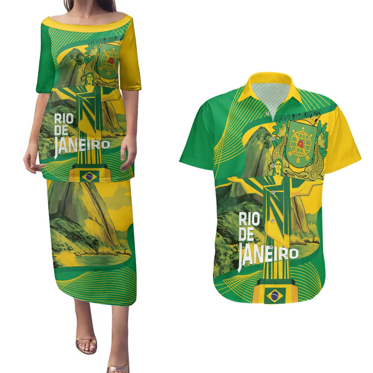 Rio de Janeiro Brazil Couples Matching Puletasi and Hawaiian Shirt Christ the Redeemer Mix Sugarloaf Mountain - Wonder Print Shop