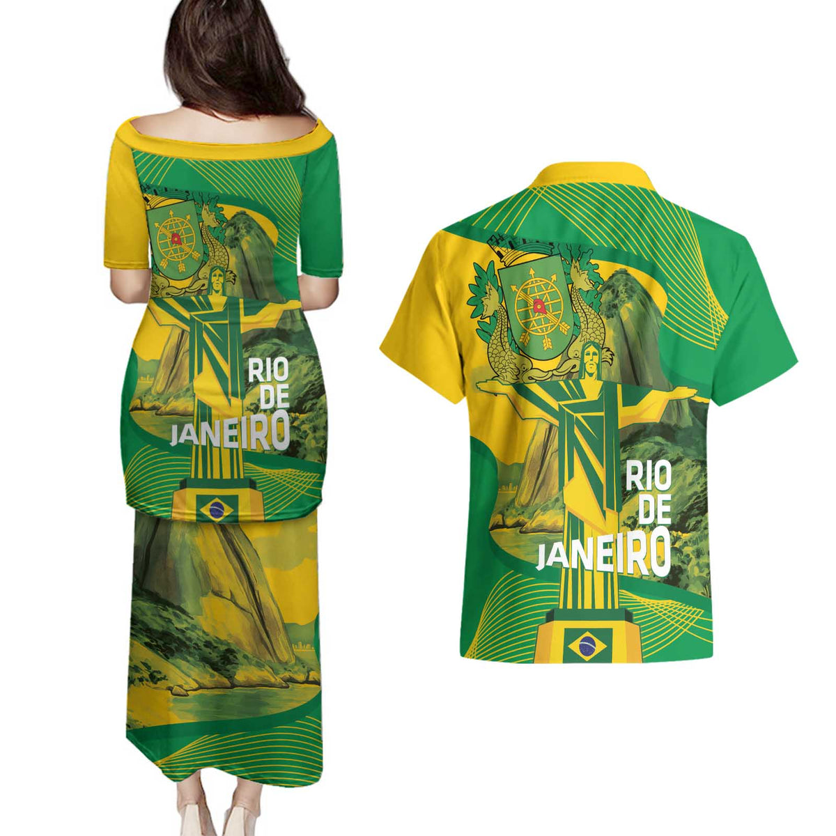 Rio de Janeiro Brazil Couples Matching Puletasi and Hawaiian Shirt Christ the Redeemer Mix Sugarloaf Mountain - Wonder Print Shop