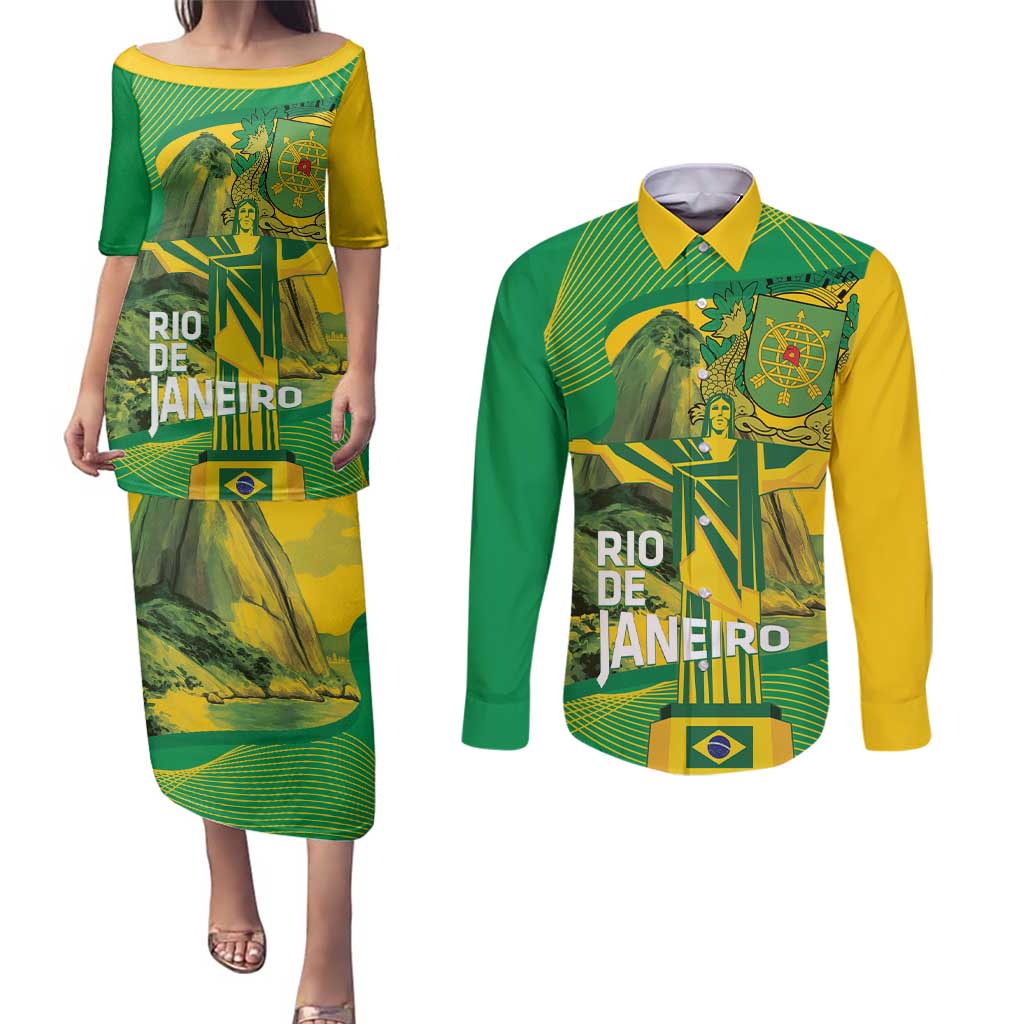 Rio de Janeiro Brazil Couples Matching Puletasi and Long Sleeve Button Shirt Christ the Redeemer Mix Sugarloaf Mountain - Wonder Print Shop