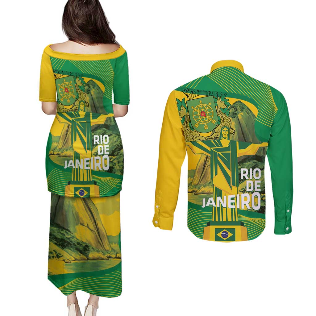 Rio de Janeiro Brazil Couples Matching Puletasi and Long Sleeve Button Shirt Christ the Redeemer Mix Sugarloaf Mountain - Wonder Print Shop