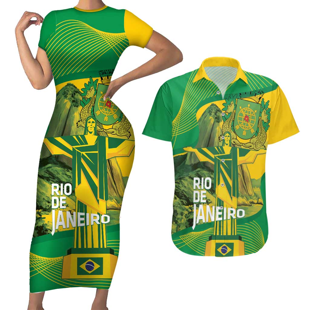 Rio de Janeiro Brazil Couples Matching Short Sleeve Bodycon Dress and Hawaiian Shirt Christ the Redeemer Mix Sugarloaf Mountain - Wonder Print Shop