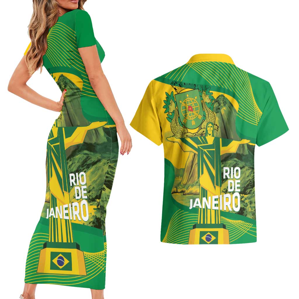 Rio de Janeiro Brazil Couples Matching Short Sleeve Bodycon Dress and Hawaiian Shirt Christ the Redeemer Mix Sugarloaf Mountain - Wonder Print Shop