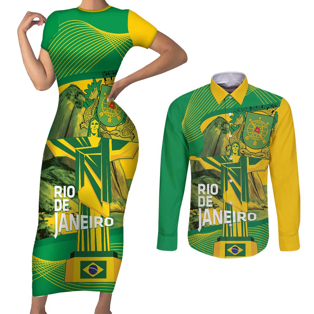 Rio de Janeiro Brazil Couples Matching Short Sleeve Bodycon Dress and Long Sleeve Button Shirt Christ the Redeemer Mix Sugarloaf Mountain - Wonder Print Shop