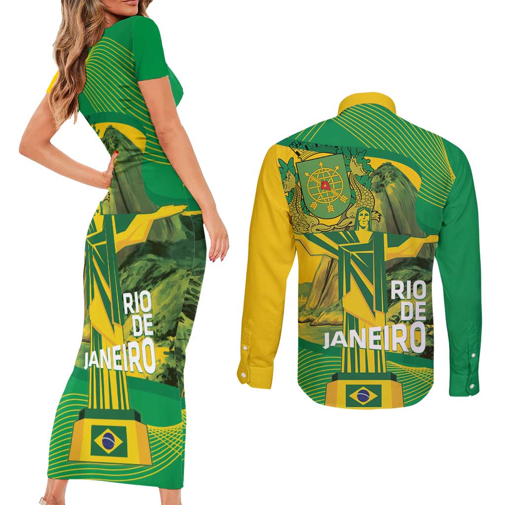 Rio de Janeiro Brazil Couples Matching Short Sleeve Bodycon Dress and Long Sleeve Button Shirt Christ the Redeemer Mix Sugarloaf Mountain - Wonder Print Shop