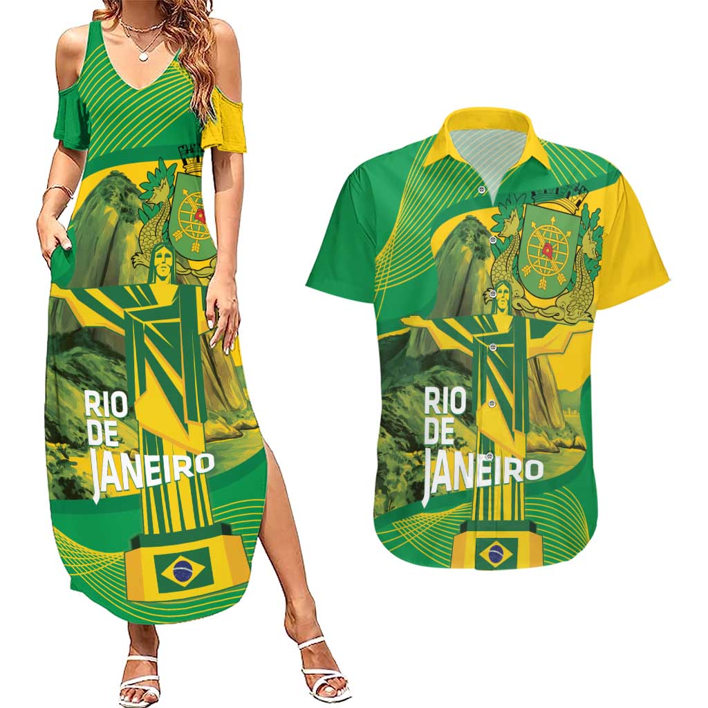 Rio de Janeiro Brazil Couples Matching Summer Maxi Dress and Hawaiian Shirt Christ the Redeemer Mix Sugarloaf Mountain - Wonder Print Shop