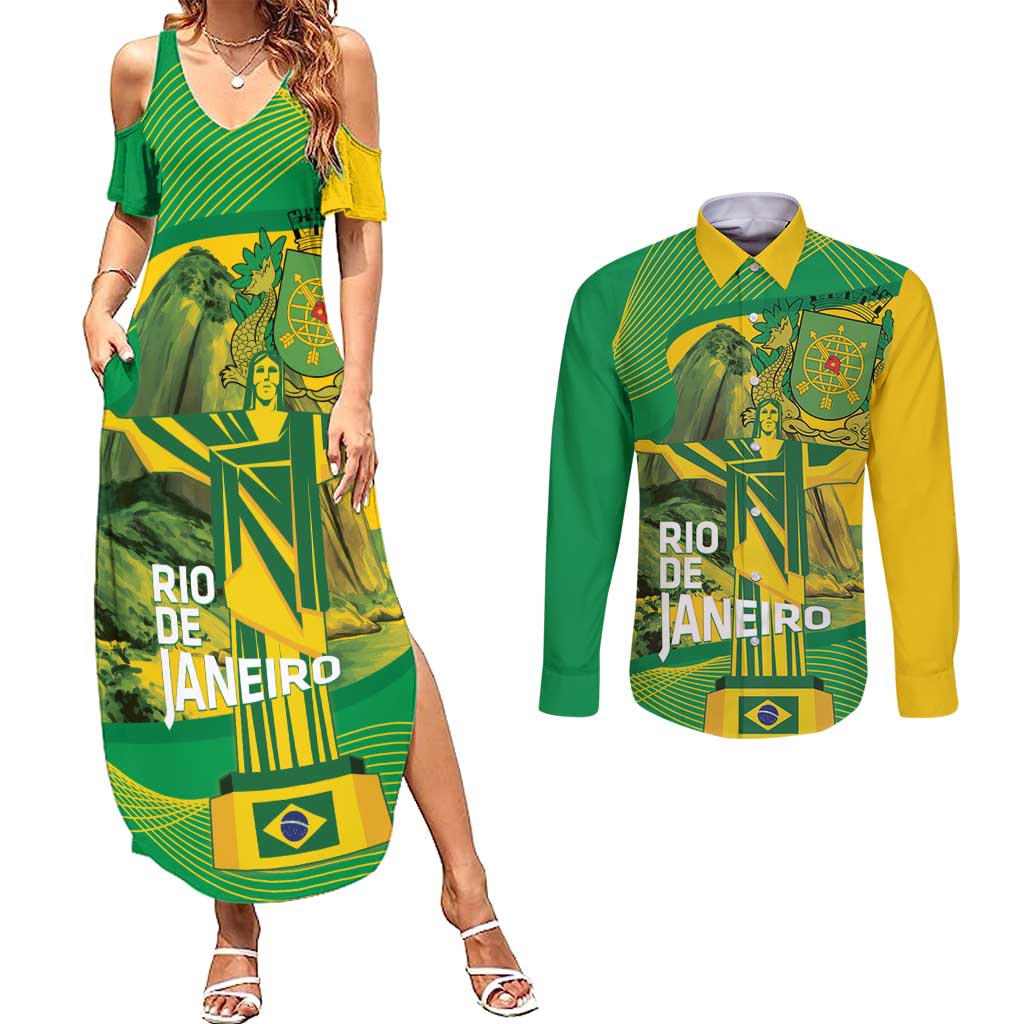 Rio de Janeiro Brazil Couples Matching Summer Maxi Dress and Long Sleeve Button Shirt Christ the Redeemer Mix Sugarloaf Mountain - Wonder Print Shop