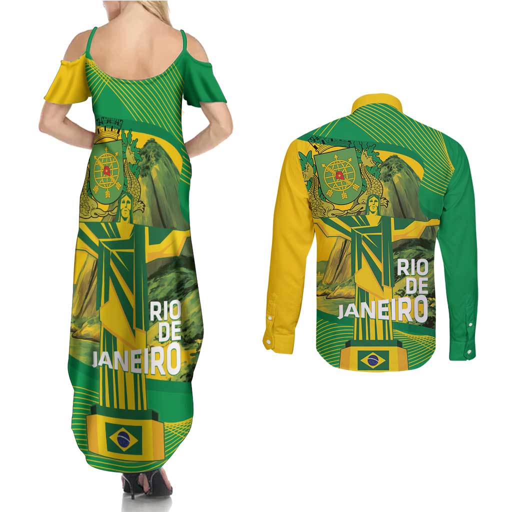 Rio de Janeiro Brazil Couples Matching Summer Maxi Dress and Long Sleeve Button Shirt Christ the Redeemer Mix Sugarloaf Mountain - Wonder Print Shop